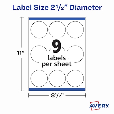 Avery Print-to-the-Edge Laser/Inkjet Labels, 2 1/2" Diameter, White, 9 Labels/Sheet, 25 Sheets/Pack, 225 Labels/Pack (22562)