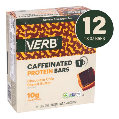 VERB Caffeinated Gluten Free Chocolate Chip Peanut Butter Protein Bar, 1.8 oz., 12/Pack (220-02522)