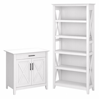 Bush Furniture Key West 30 Secretary Desk with Storage and 5-Shelf Bookcase, Pure White Oak (KWS012WT)