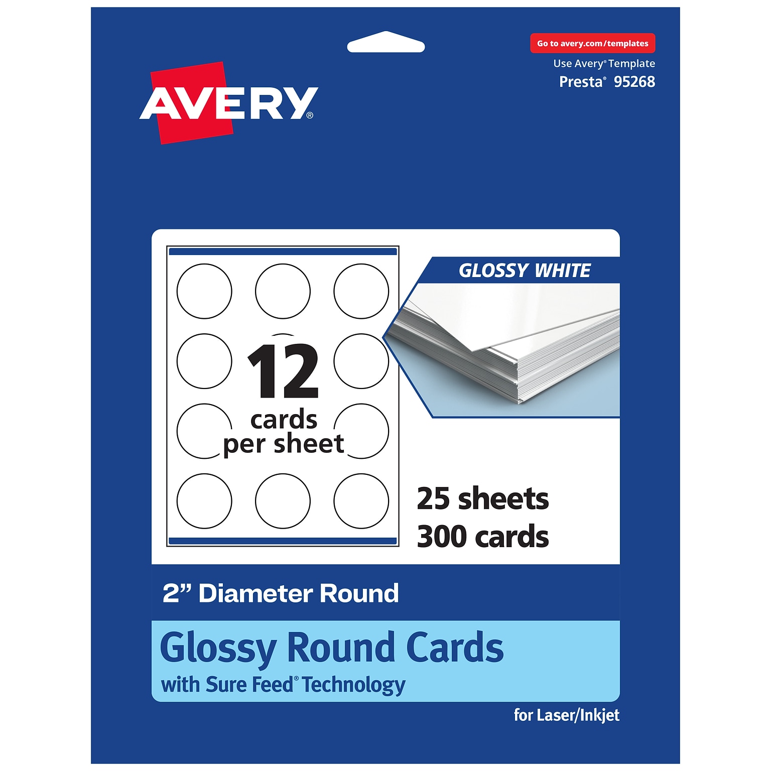 Avery Integrated Cards, 2 Dia., Glossy White, 300/Pack (95268)
