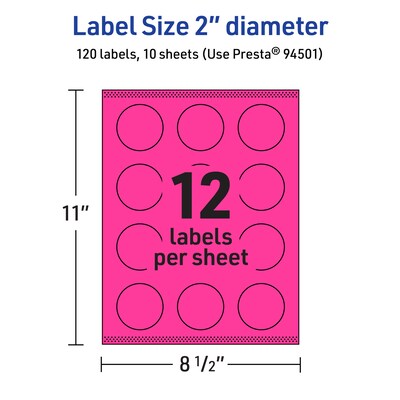 Avery Laser/Inkjet Round Multipurpose Labels, 2" Dia., Neon Magenta, 120/Pack (94501)