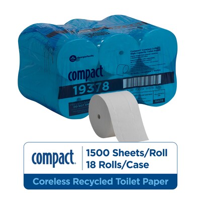 Compact Recycled Coreless Toilet Paper, 2-Ply, White, 1500 Sheets/Roll, 18 Rolls/Carton (19378)