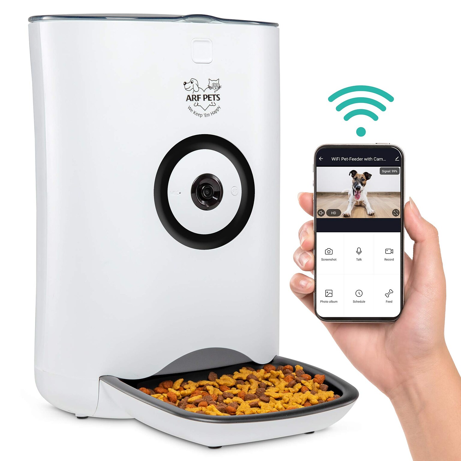 Arf Pets Smart Automatic Pet Feeder w/ Wi-Fi, HD Camera, Video Recording & App Control, White (APFWVC)