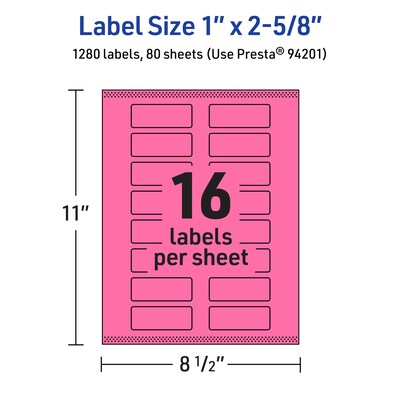 Avery Rectangle Laser/Inkjet Multipurpose Labels, 1" x 2-5/8", Bright Pink (1280/Box)