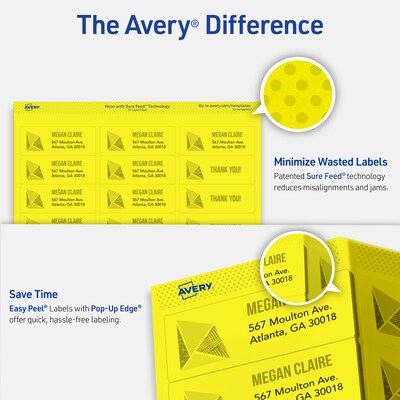Avery Sure Feed Laser Address Labels, 1" x 2 5/8", Neon Yellow, 750 Labels/Pack (5972)