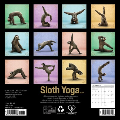 2026 Willow Creek Sloth Yoga 7 x 7 Monthly Wall Calendar (53768)