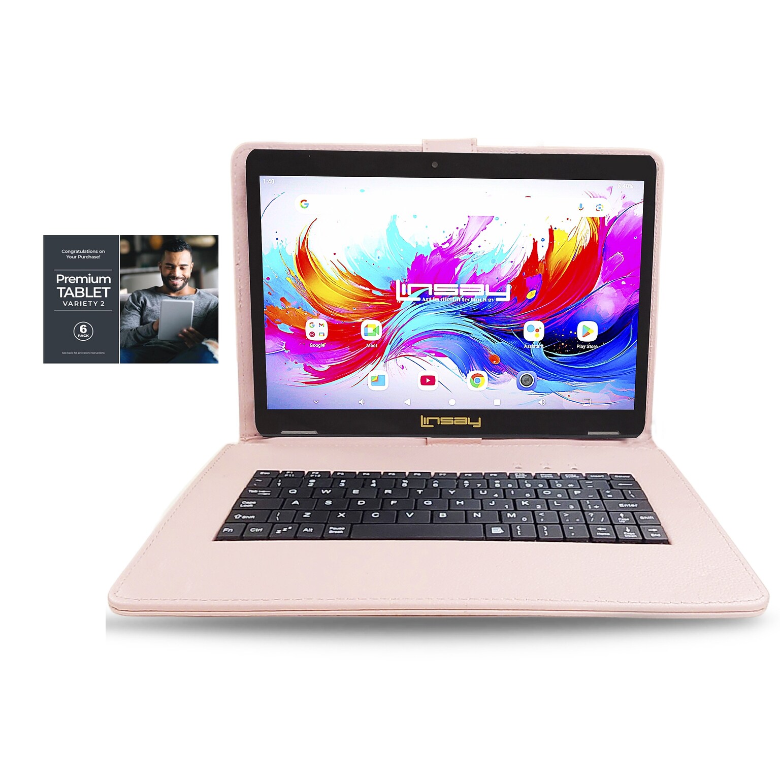 Linsay F10 Series 10.1 Tablet, Wi-Fi, Octa Core, 256GB eMMC, Android 15, with Pink Keyboard Case (F10XIPSPINKSPLUS)