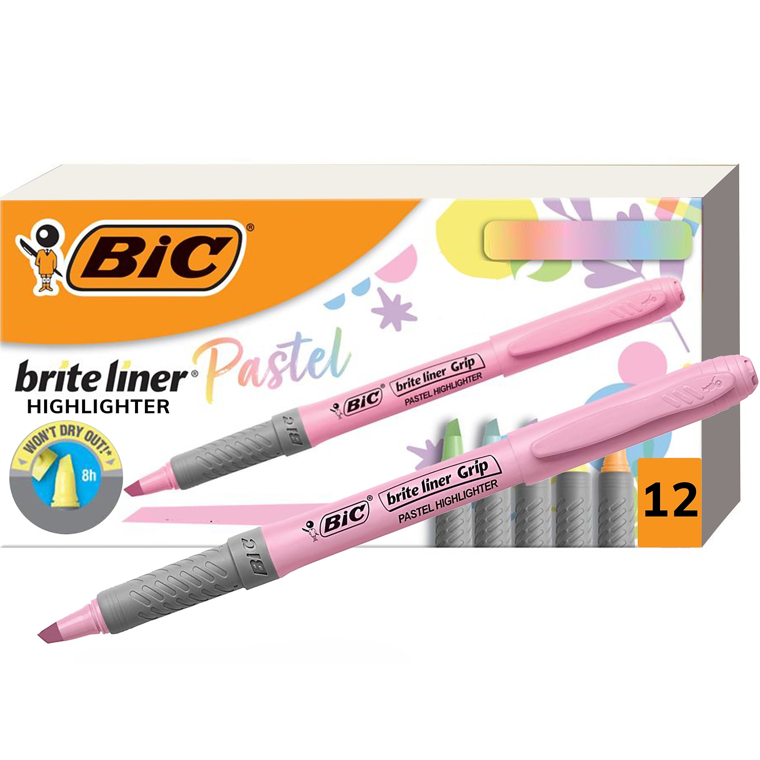 BIC Brite Liner Grip Highlighters Chisel Tip, Assorted Colors, 12/Pack (GBLD11-AST)
