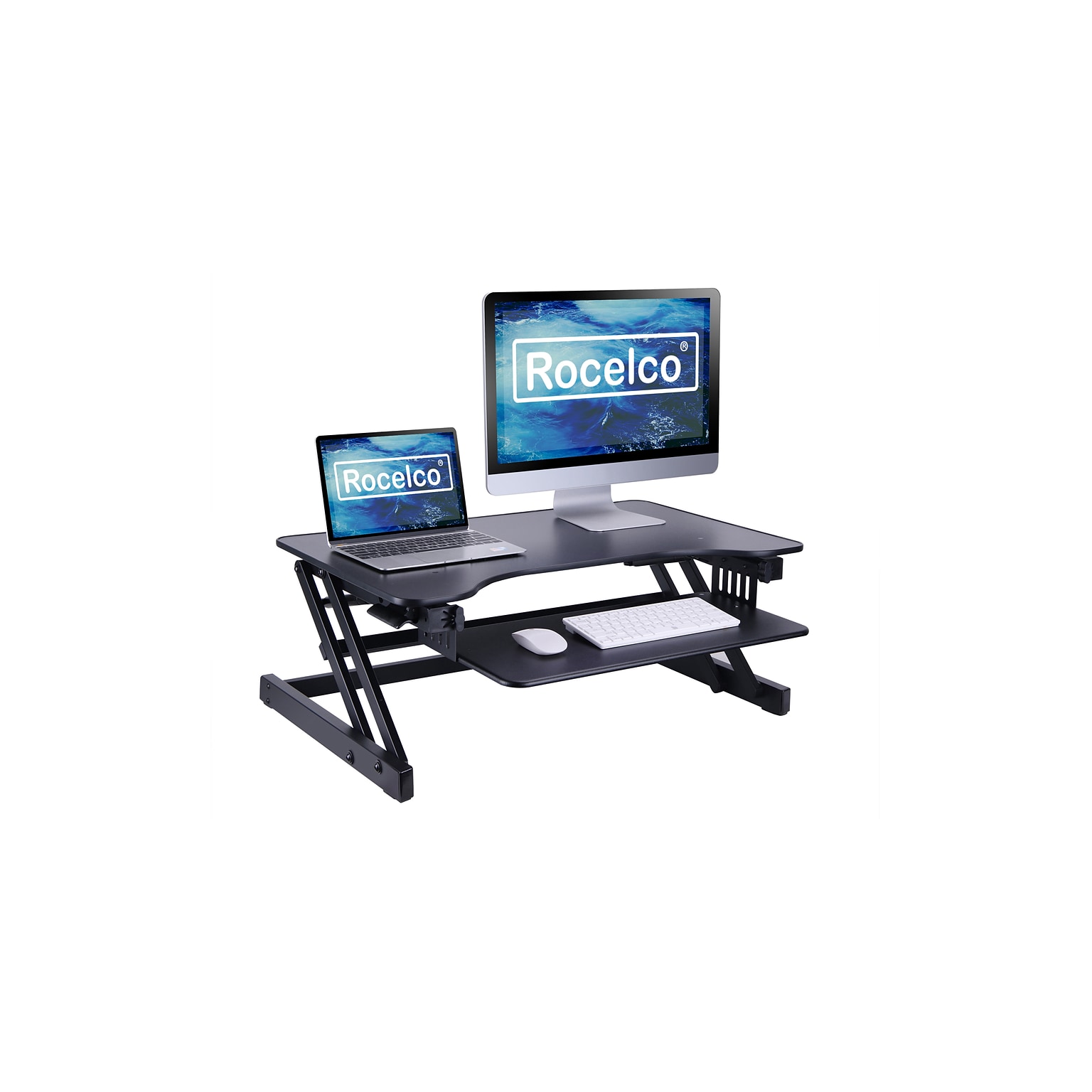 Rocelco 32W 5-17H Height Adjustable Standing Desk Converter, Sit Stand Up Dual Monitor Riser, Black (R ADRB)