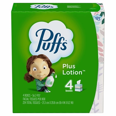 Puffs Plus Lotion Facial Tissue, 2-ply, 56 Tissues/Box, 4 Boxes/Pack (34899)