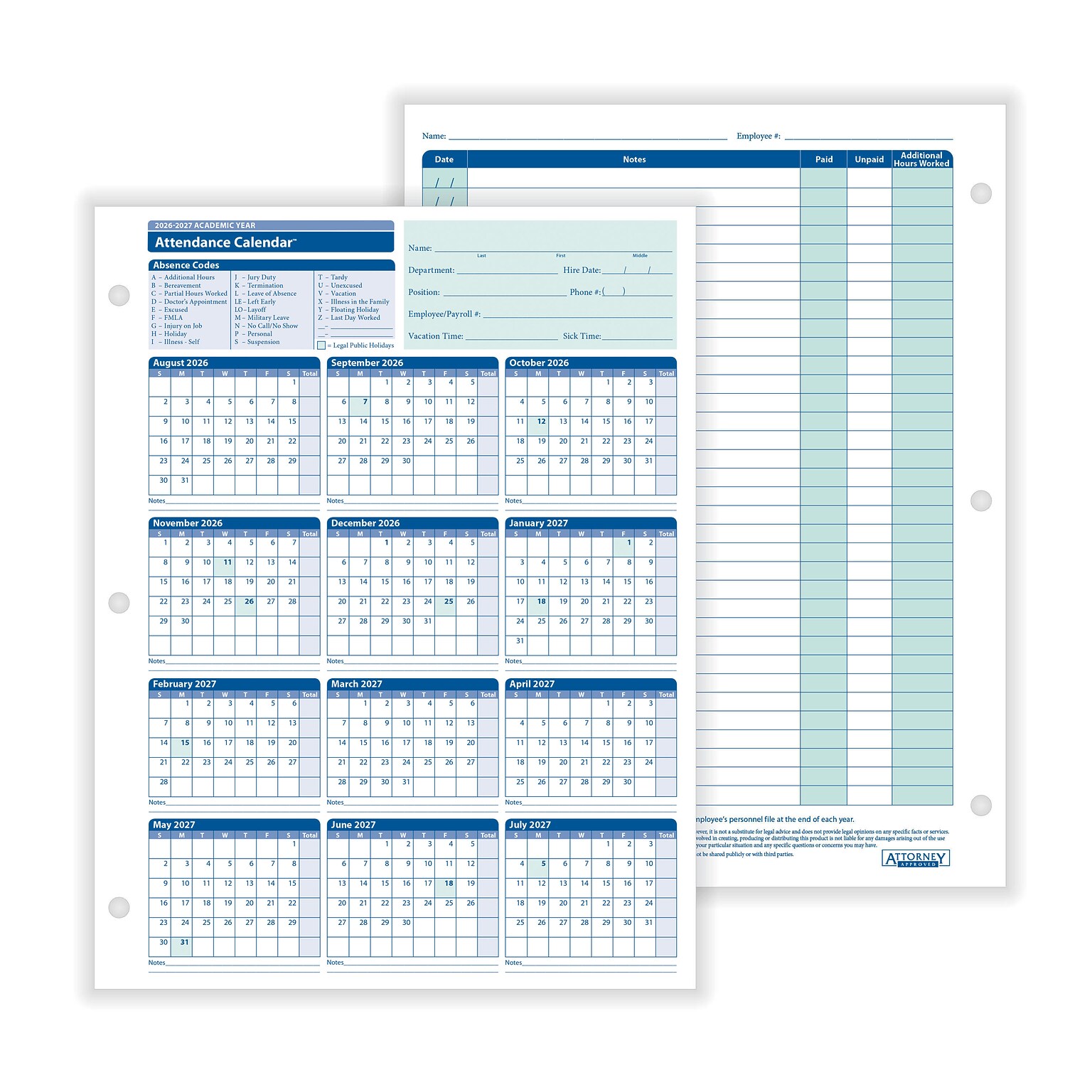 ComplyRight 2026-2027 Academic Year Attendance Calendar Cards, 50/Pack (A43005015)