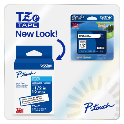 Brother P-touch Flexible ID Laminated Label Tape, 1/2 x 26.2, Black on White (TZeFX231)