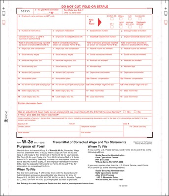 W-3c Transmittal of Corrected Income and Tax Statement; 2-Part Continuous Forms
