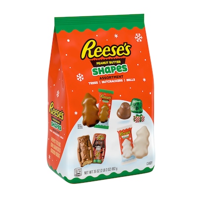 REESES Christmas Shapes Peanut Butter Chocolate Pieces, Assorted Flavors, 35 oz. (HEC95345)