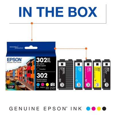 Epson T302XL/T302 Black High Yield and Cyan/Magenta/Yellow Standard Yield Ink Cartridge, 5/Pack (T302XL-BCS)