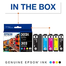 Epson T302XL/T302 Black High Yield and Cyan/Magenta/Yellow Standard Yield Ink Cartridge, 5/Pack (T30