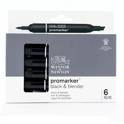 Winsor & Newton Promarker Dual-Tip Alcohol Based Marker, Black/Blender, 6/Pack (WNX0290116)
