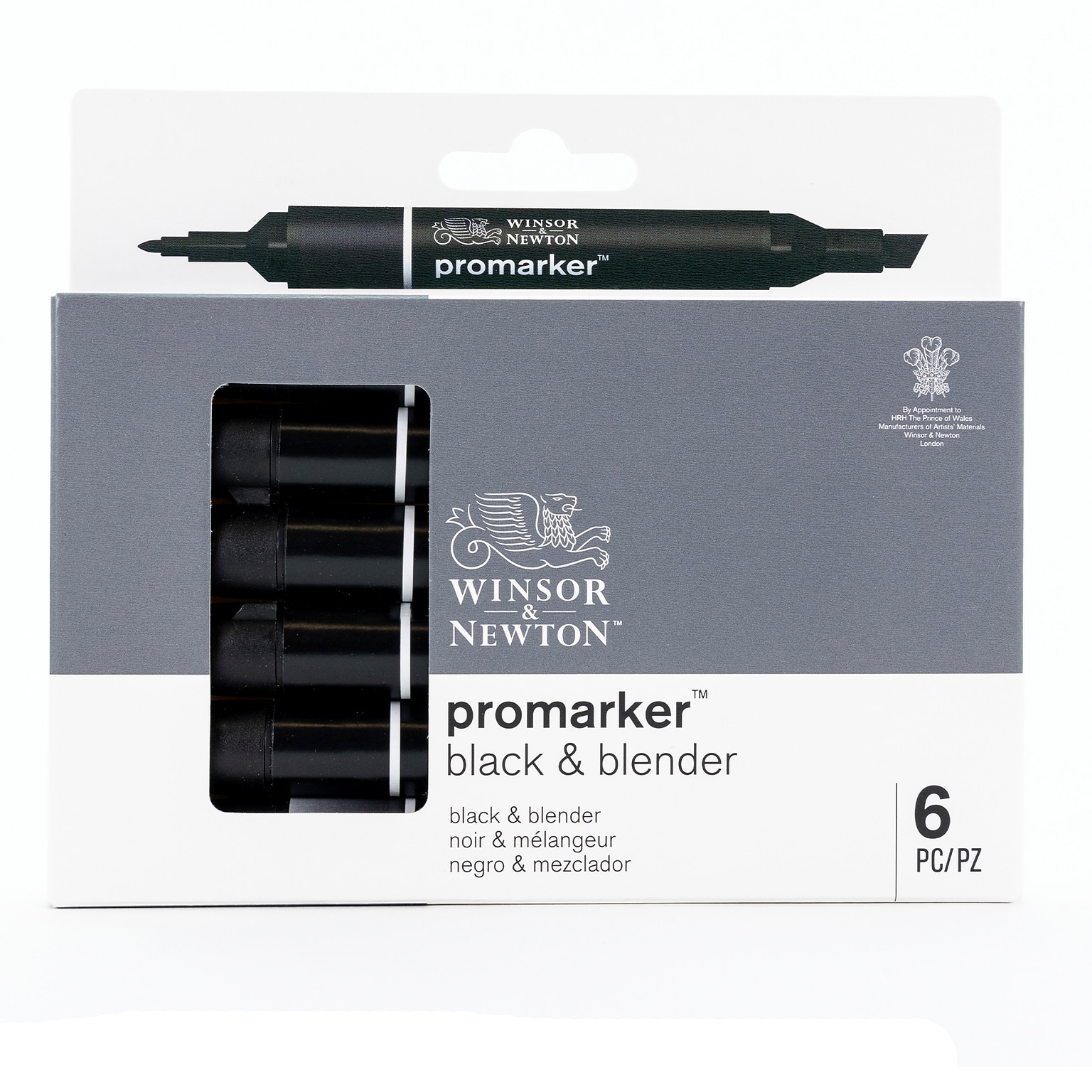 Winsor & Newton Promarker Dual-Tip Alcohol Based Marker, Black/Blender, 6/Pack (WNX0290116)