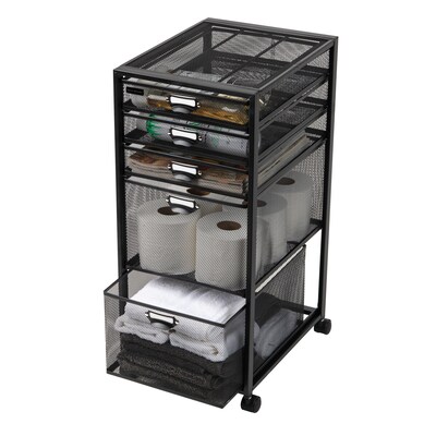 Mind Reader 5-Drawer Mobile Cart with Drawers Laundry Organizer Utility Cart with Wheels, Metal, Black (5TWHEEL-BLK)