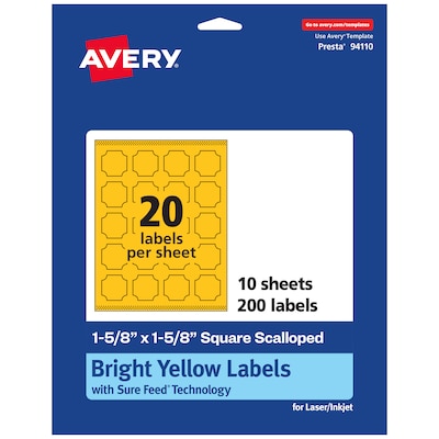 Avery Square Scalloped Laser/Inkjet Multipurpose Labels, 1-5/8 x 1-5/8, Bright Yellow (200/Pack)