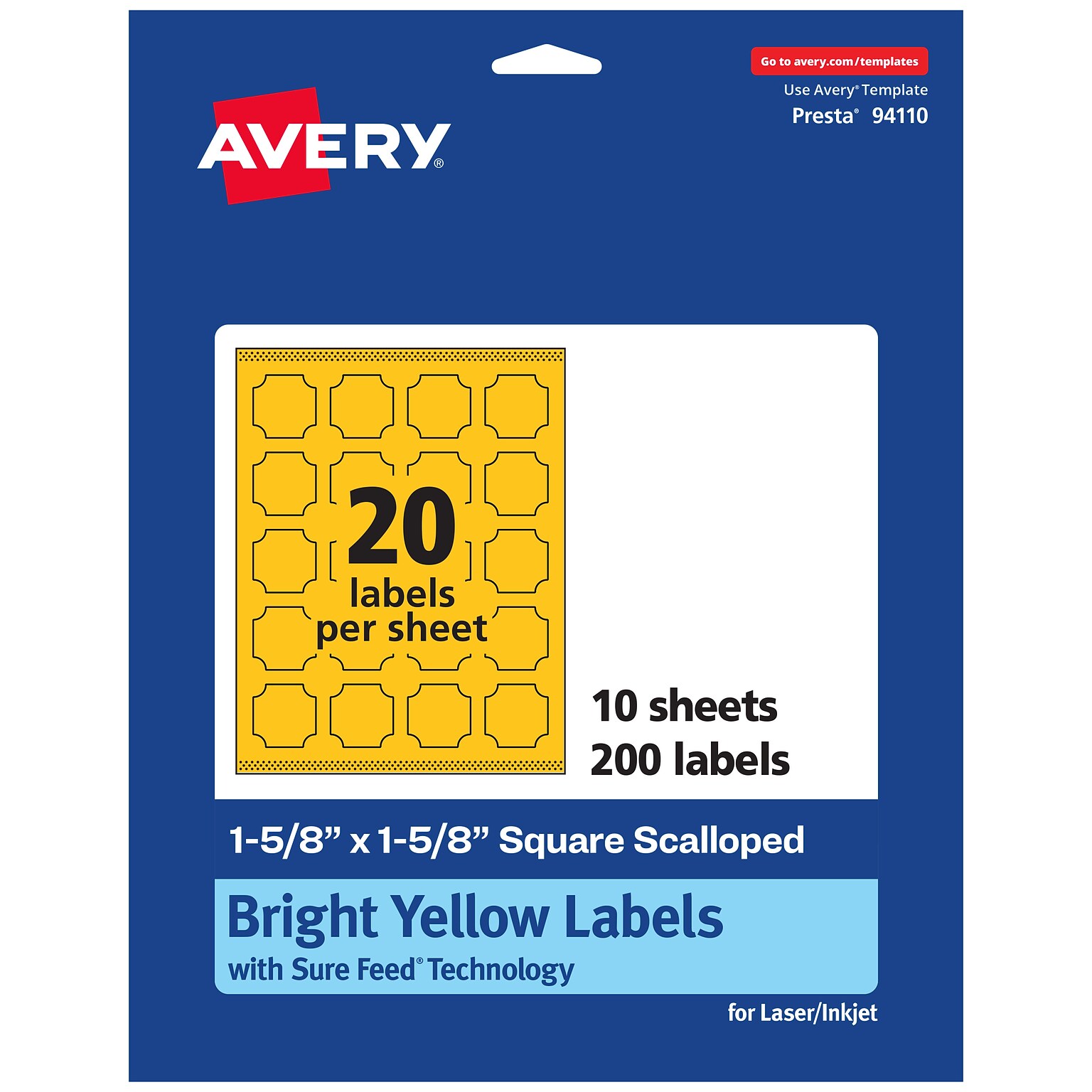 Avery Square Scalloped Laser/Inkjet Multipurpose Labels, 1-5/8 x 1-5/8, Bright Yellow (200/Pack)
