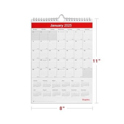 2025 Staples 8" x 11" Wall Calendar, Red/White (ST53922-25)