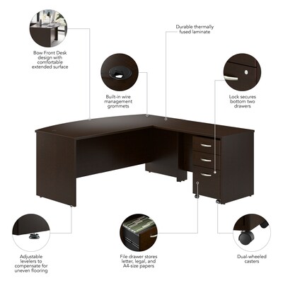 Bush Business Furniture Westfield 72W Bow Front L Shaped Desk with 42W Return and Mobile File Cabinet, Mocha Cherry (SRC167MRSU)