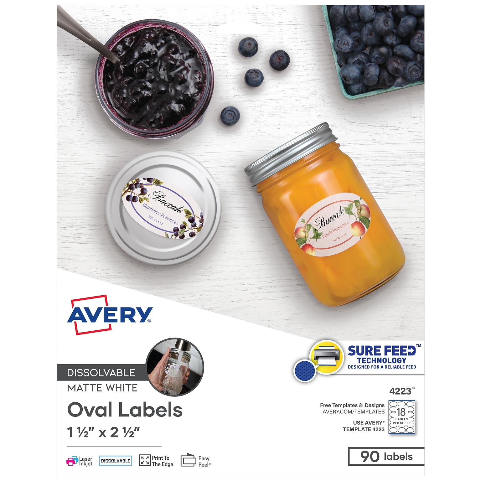 Avery Sure Feed Dissolvable Laser/Inkjet Labels, 1 1/2x 2 1/2, White, 18 Labels/Sheet, 5 Sheets/Pack, 90 Labels/Pack (4223)
