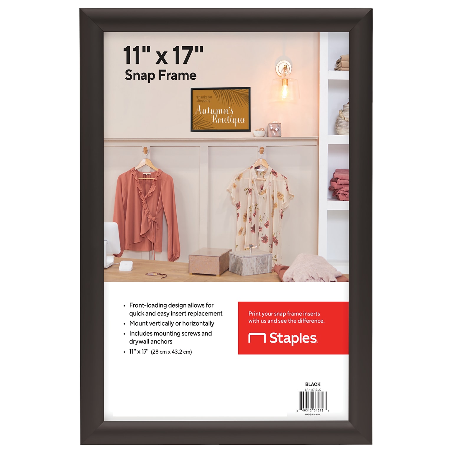 Staples Snap Frame Poster Holder, 11 x 17, Wall Mounted, Vertical/Horizontal, Black Metal (SF-1117-BLK)