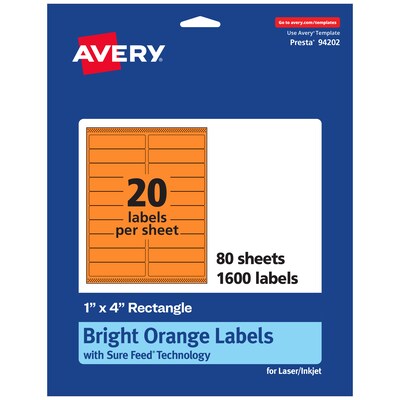 Avery Rectangle Laser/Inkjet Multipurpose Labels, 1 x 4, Bright Orange (1600/Box)