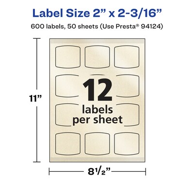 Avery Pearlized Ivory Square Multipurpose Labels, 2" x 2-3/16", Ivory, 600/Box (94124)