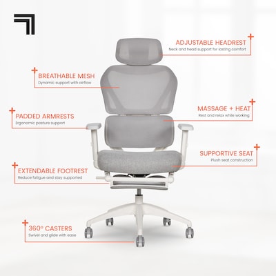 Sharper Image S-850 Heated Ergonomic Mesh Swivel Executive Massage Chair with Footrest, Light Gray/White (60106-LGRYWHT)