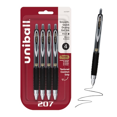 uniball 207 Retractable Gel Pens, Micro Point, Black Ink, 4/Pack (61270)