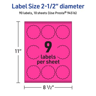 Avery Round Scalloped Laser/Inkjet Multipurpose Labels, 2.5" Dia, Neon Magenta (90/Pack)