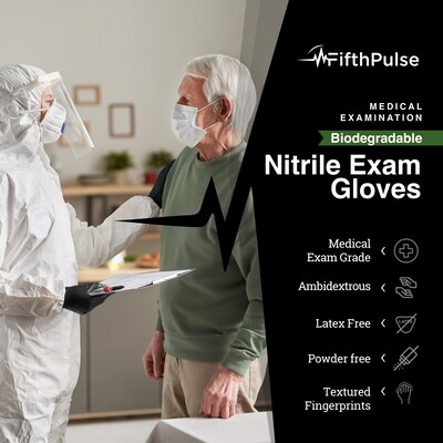 FifthPulse Biodegradable Powder Free Nitrile Exam Gloves, Latex Free, Large, Black, 150 Gloves/Box (FMN100541)