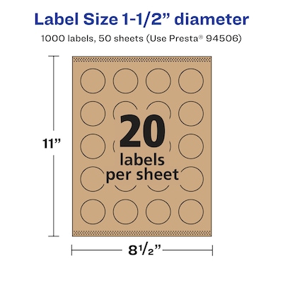 Avery Laser/Inkjet Round Multipurpose Labels, 1.5" Dia., Kraft Brown, 1,000 Labels/Box (94506)