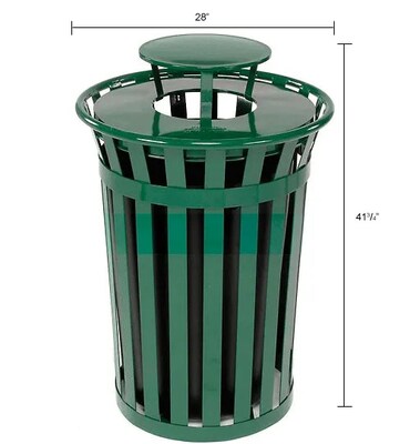 Global Industrial Outdoor Slatted Steel Trash Can w/ Rain Bonnet Lid, 36 Gallon, Green (260804GN)
