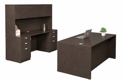 Boss Office Products 71 Desk and Credenza with Hutch and 2 File Pedestals, Mocha (GROUPA6-MOC)