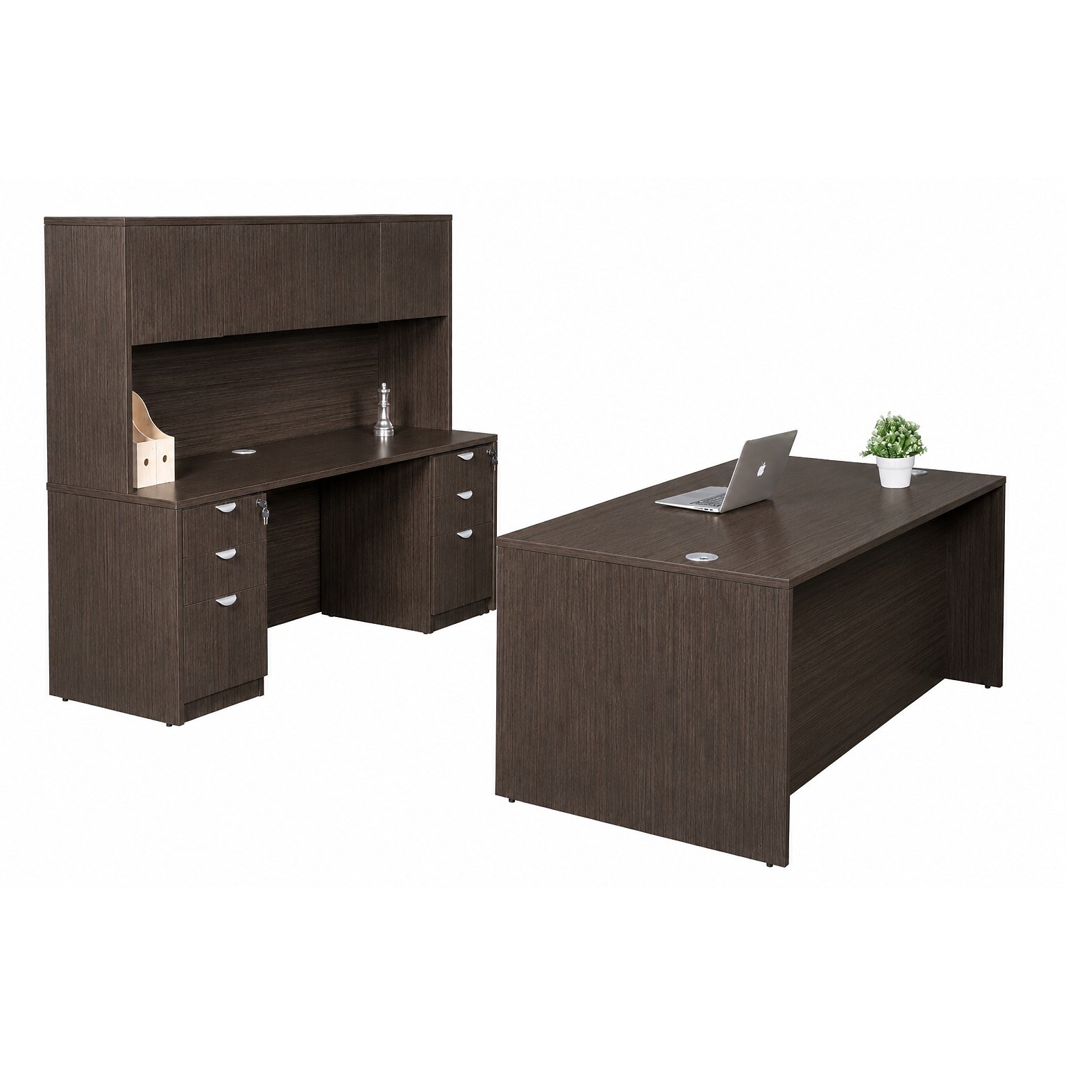 Boss Office Products 71 Desk and Credenza with Hutch and 2 File Pedestals, Mocha (GROUPA6-MOC)