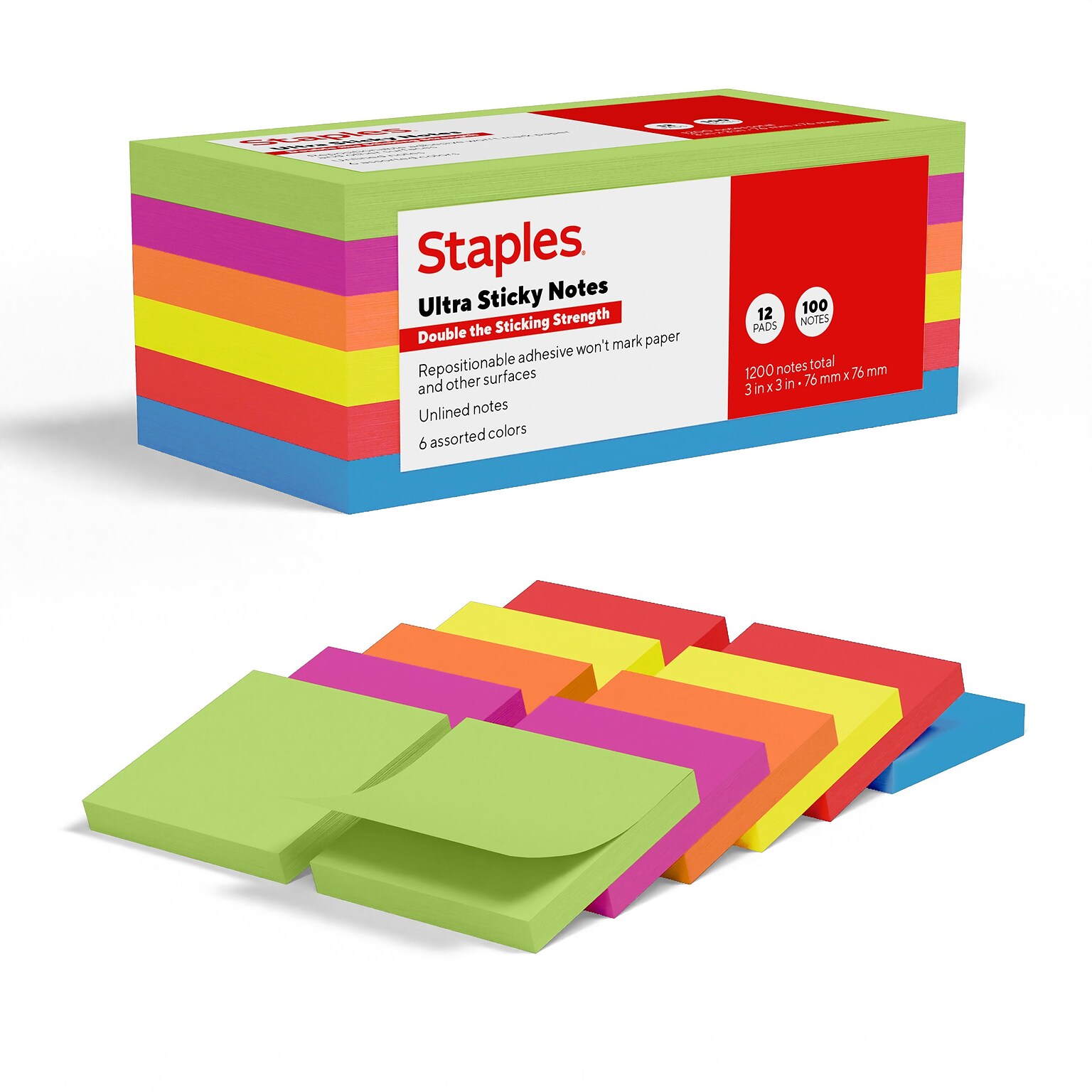 Staples Ultra Sticky Notes, 3 x 3, Summer Breeze Collection, 100 Sheets/Pad, 12 Pads/Pack (ST62881)