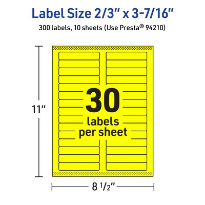 Avery Laser/Inkjet Multipurpose Rectangle Labels, 2/3" x 3-7/16", Neon Yellow, 300/Pack (94210)