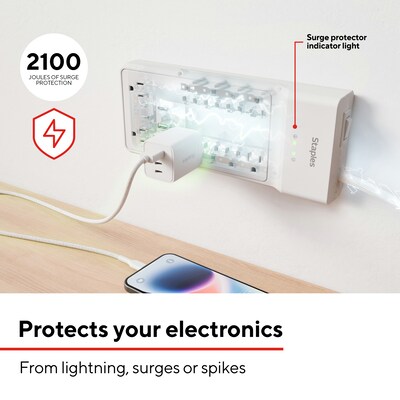 Staples TECH 8-Outlet 2-USB Port Surge Protector, 6', 2100 Joules, White (ST62775)