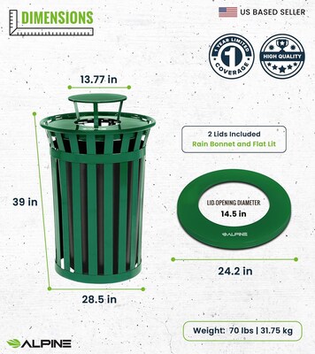 Alpine Industries Stainless Steel Outdoor Trash Can with Rain Bonnet Lid, 38 Gallon, Green (ALP479-38-1-GRN-MKTCOPY)