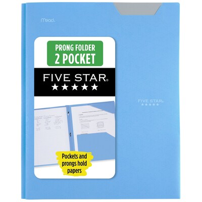 Five Star Stay Put  3-Hole Punched 2 Pocket Plastic Folder with Fasteners, Sky Blue (340300C-ECM26)