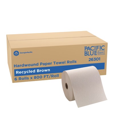 Pacific Blue Basic Recycled Hardwound Paper Towels, 1-ply, 800 ft./Roll, 6 Rolls/Carton (26301)