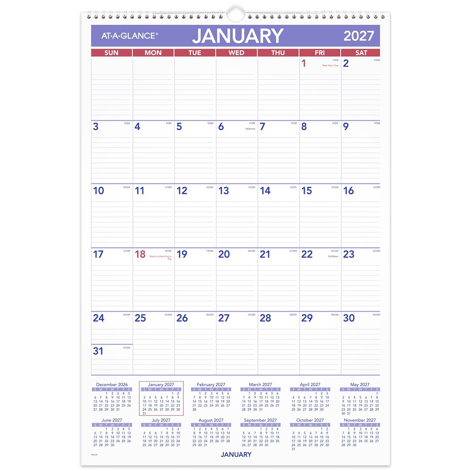 2027 AT-A-GLANCE 15.5 x 22.75 Monthly Wall Calendar, White/Purple (PM3-28-27)