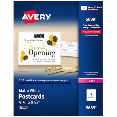 Avery Postcards, Matte White, 4.25 x 5.5, Laser, 200/Pack (5689)