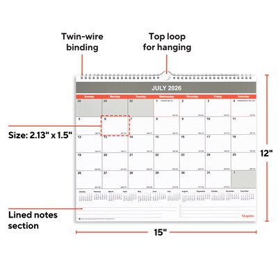 2026-2027 Staples 15 x 12 Academic Monthly Wall Calendar, White/Red/Gray (ST62816-27)