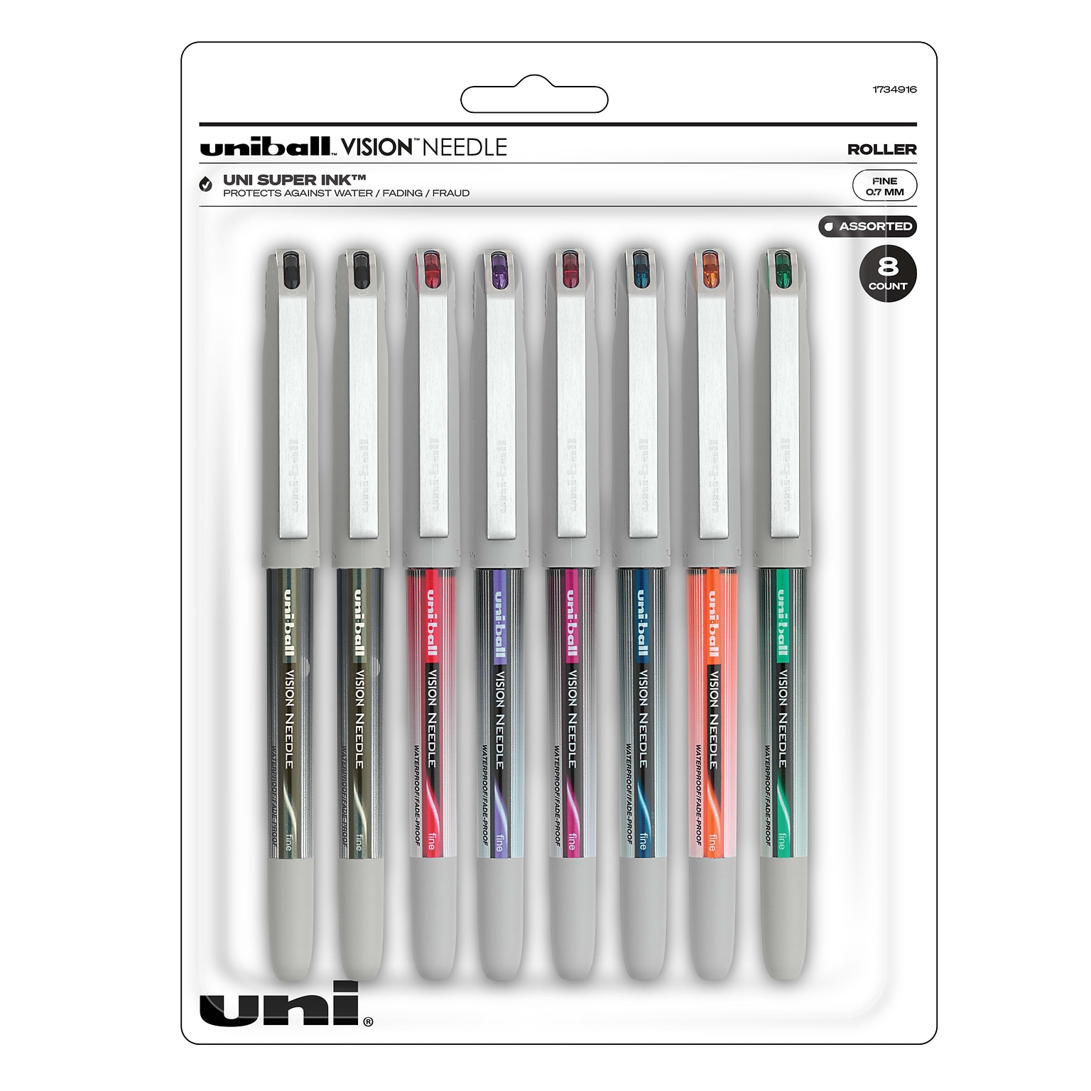 uniball Vision Needle Rollerball Pens, Fine Point, 0.7mm, Assorted Ink, 8/Pack (1734916)