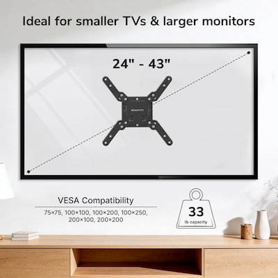 Mount-It! Low-Profile Tilting TV Wall Mount for 24" to 43" TVs, Holds Up to 33 lbs., Black (MI-6524XL)